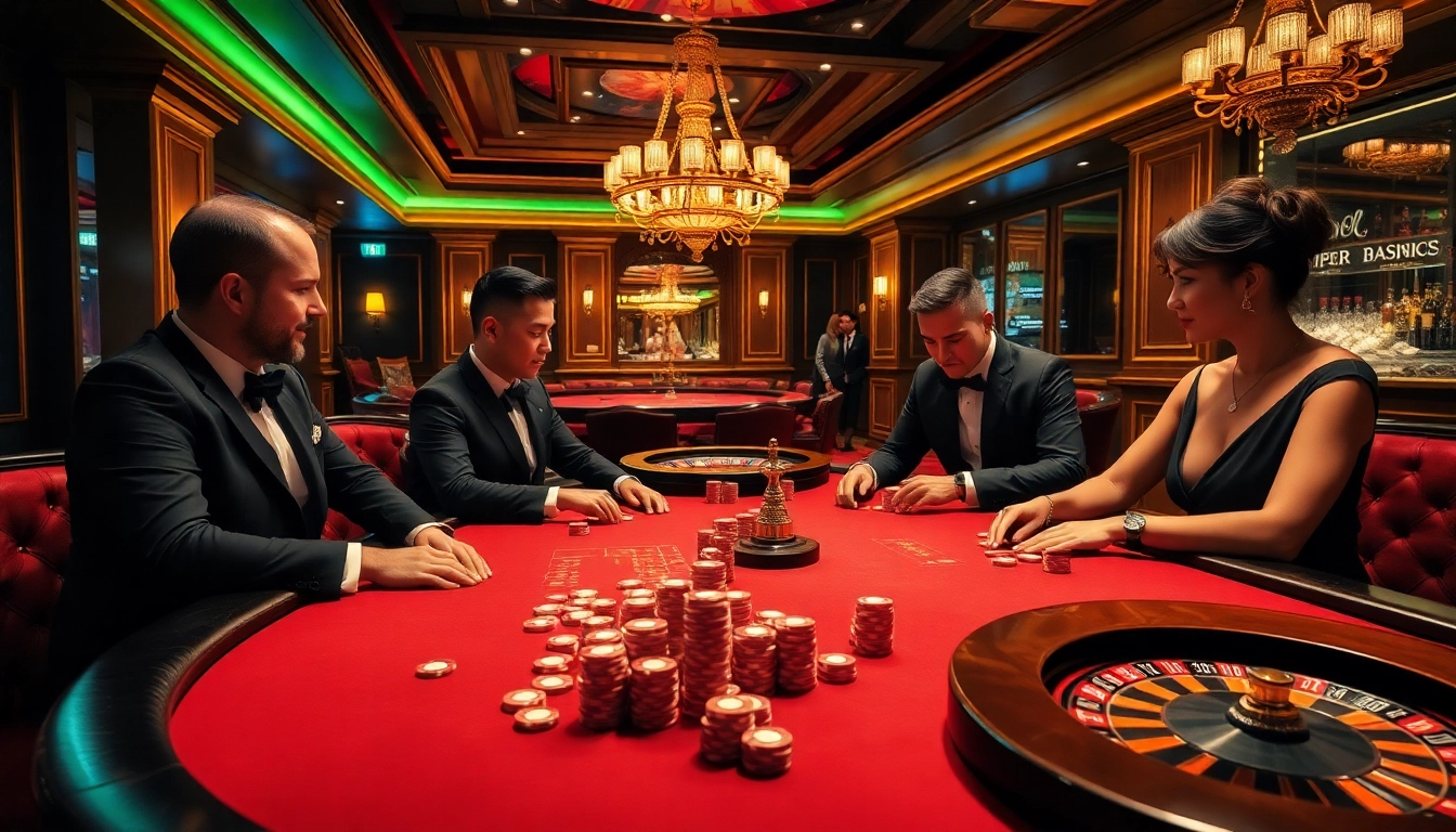 NK88 players enjoying poker in a luxurious casino setting, showcasing chips and a roulette wheel.