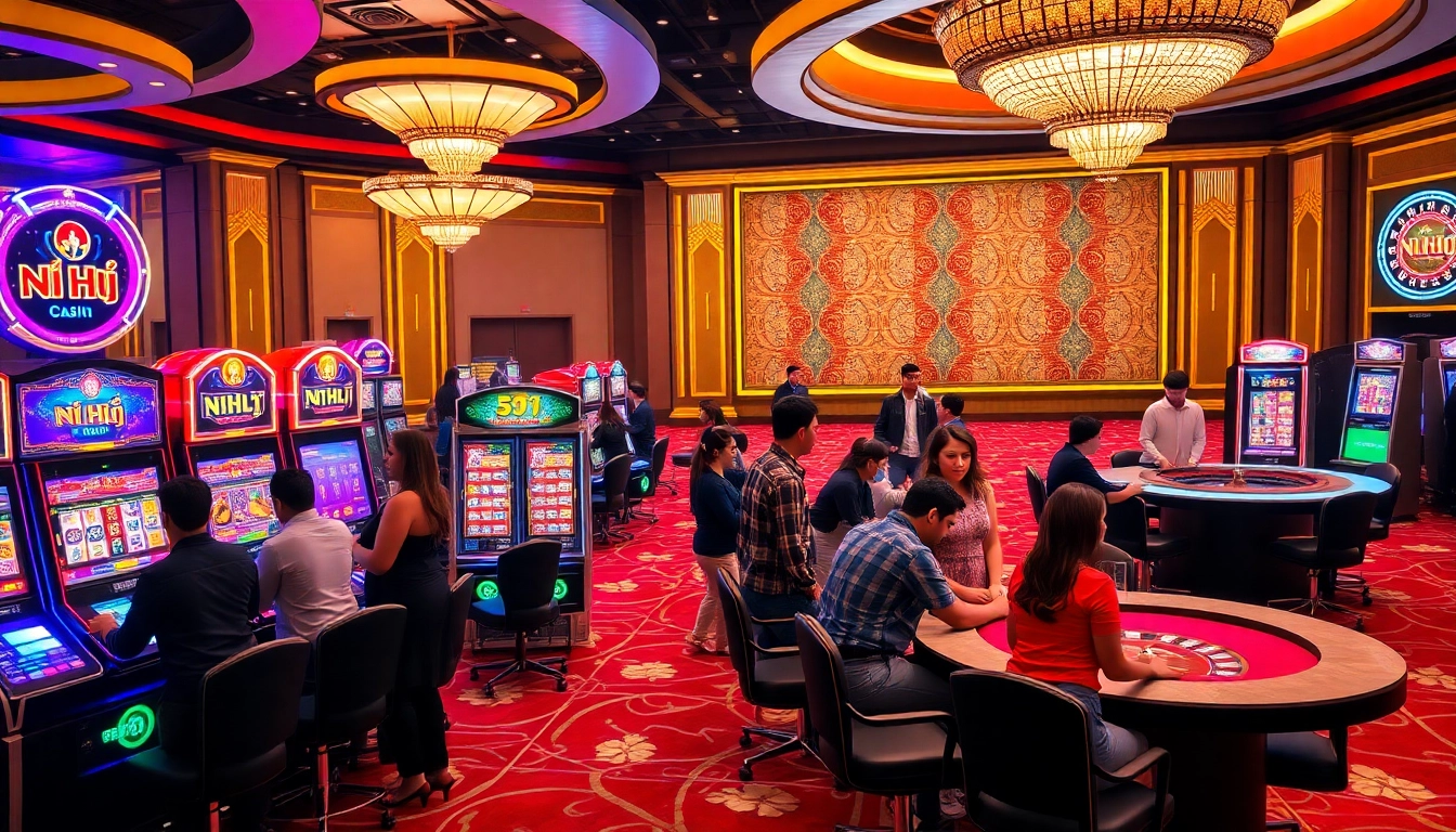 Engaging players enjoying Nổ Hũ slot machines in a luxurious casino environment.