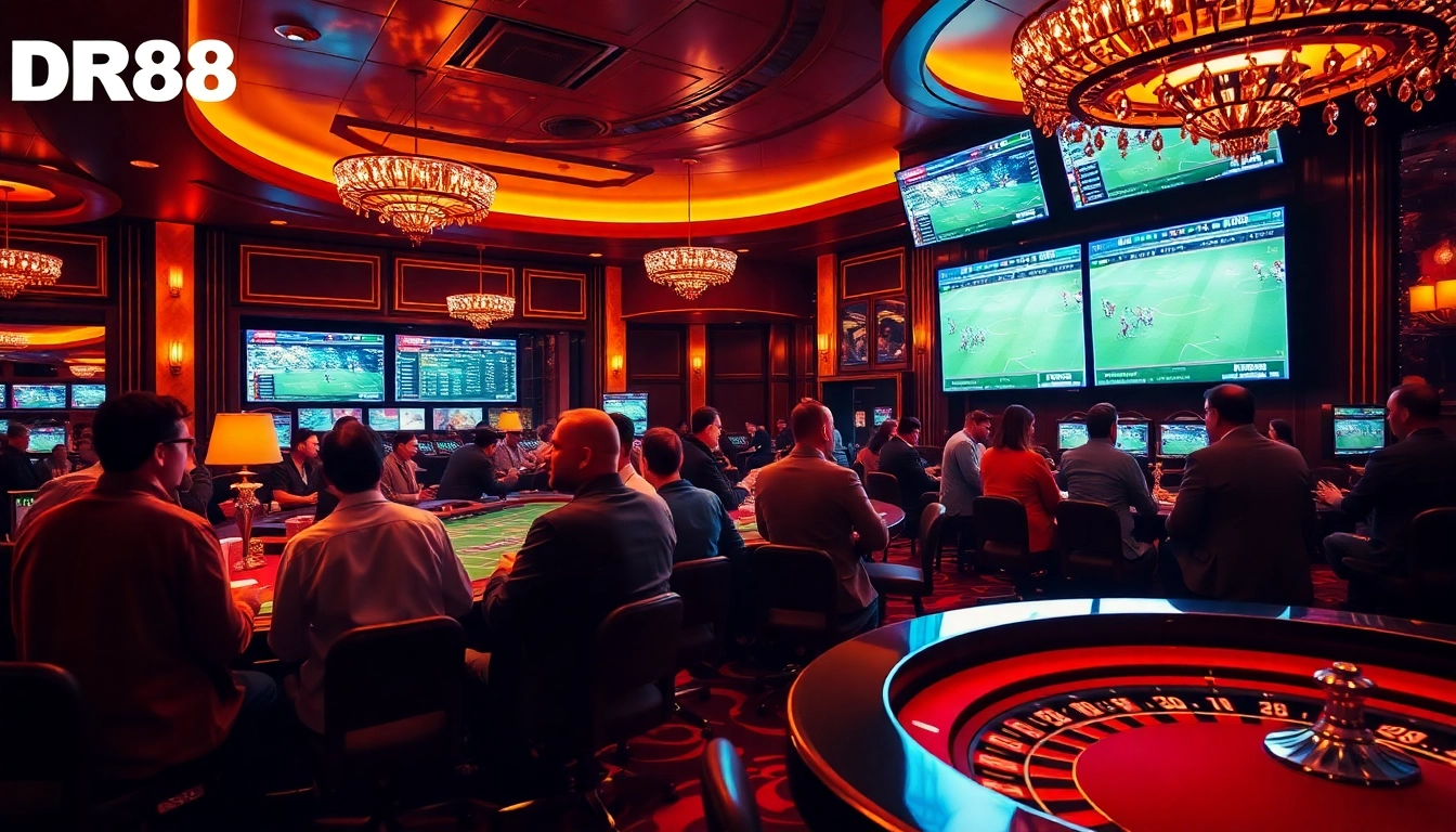 Experience the excitement of cá cược thể thao DR88 in a vibrant casino setting with enthusiastic gamblers.