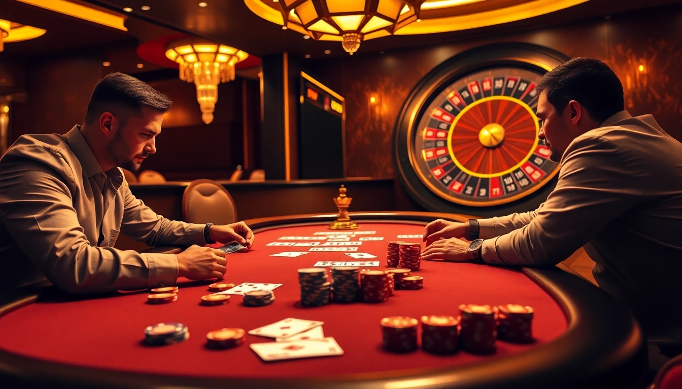 J88 players enjoying a thrilling game at a luxurious poker table with vibrant chips and cards.