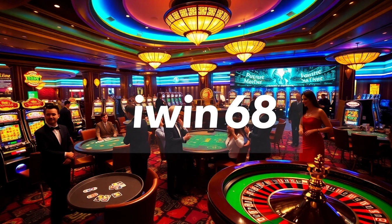 Iwin68 players celebrating a big win at luxurious casino tables with vibrant slot machines.