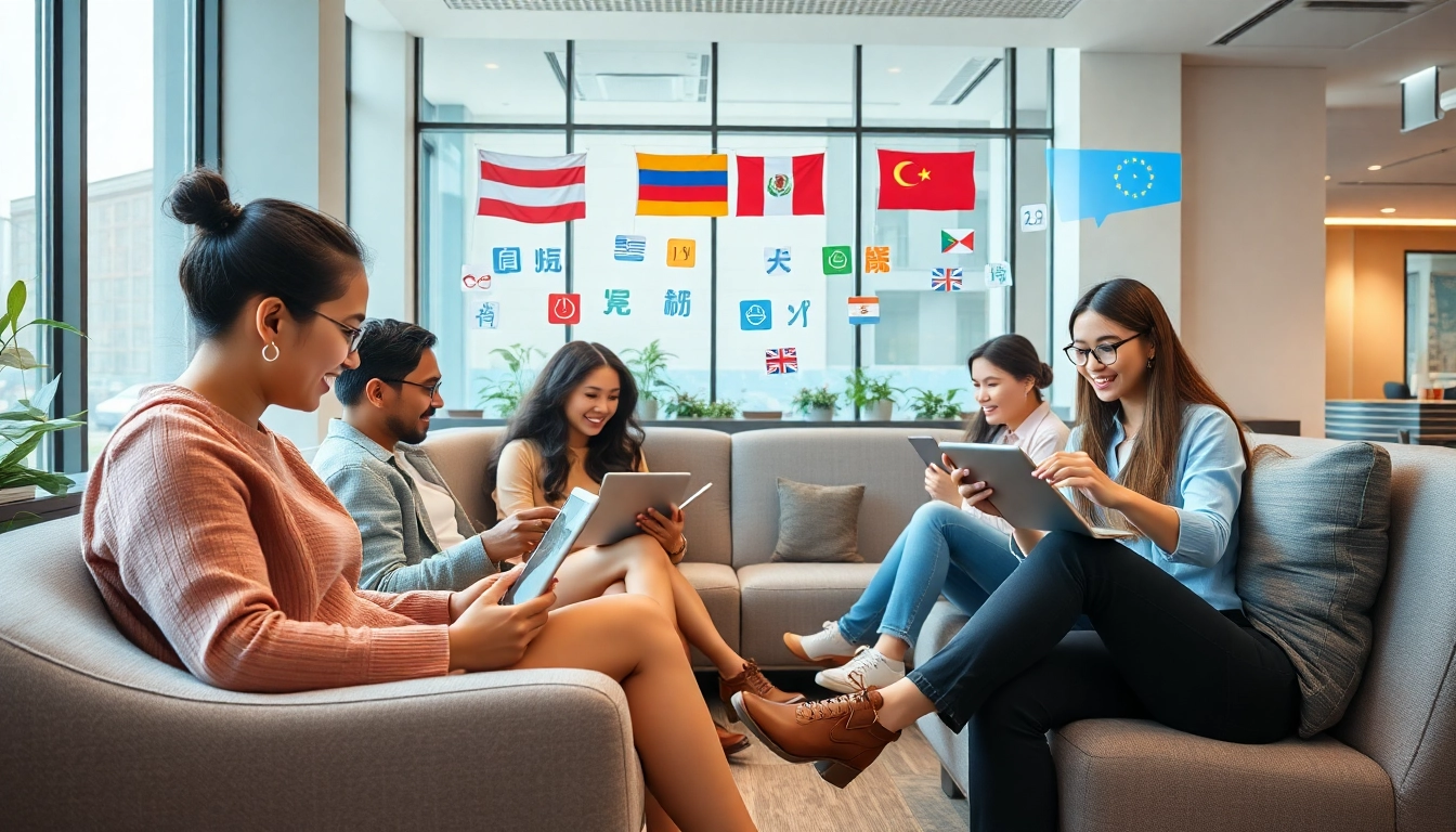 Interactive language learning session using 有道 app in a modern, inviting environment.