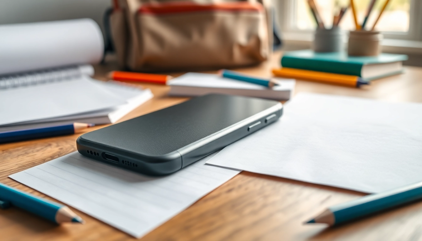 Handytasche Schule für ein modernes Smartphone auf einem Schreibtisch mit Schulsachen.