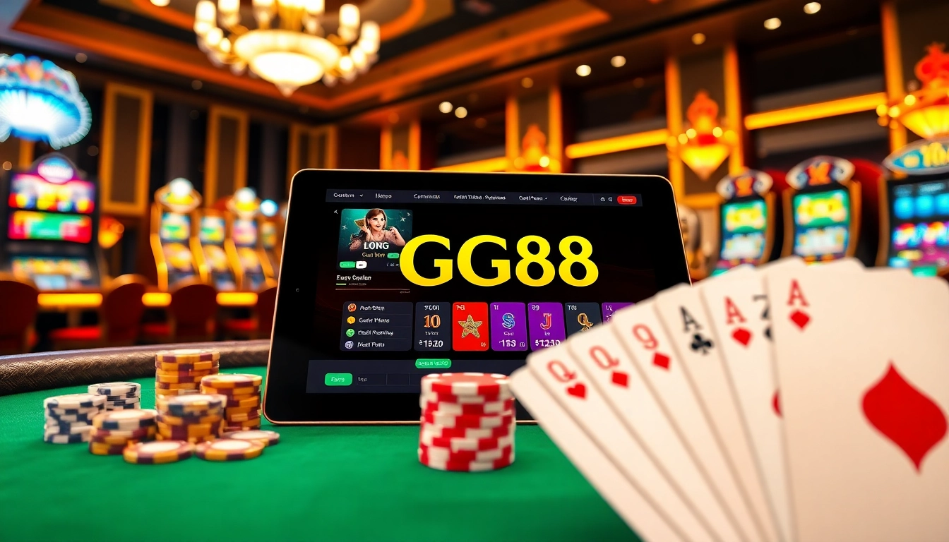 Engage with GG88's luxurious online casino experience, featuring vibrant poker chips and a dynamic gaming interface.