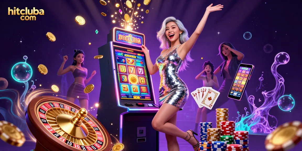 Experience jackpot thrills at hitcluba com with a glamorous Asian woman celebrating near a slot machine amidst flying coins and neon lights.