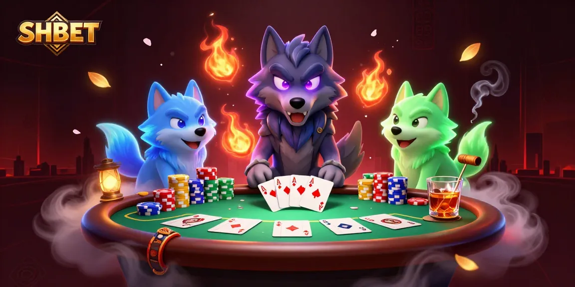 Experience the vibrant world of SHBET through a packed poker scene with glowing wolves and high-stakes action.