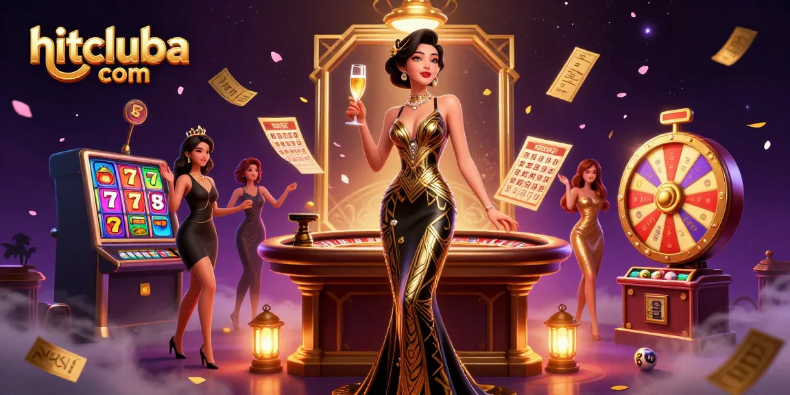 Experience the excitement of hitcluba com with vibrant slot reels and a glamorous Asian hostess.