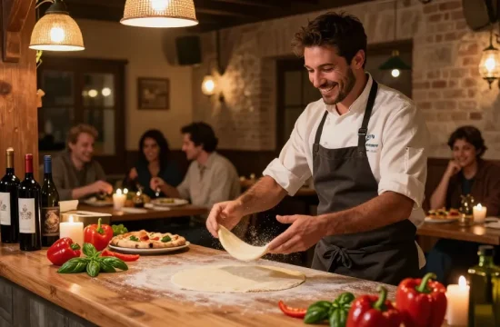Delicious pg soft pizza dough being tossed by a skilled chef in a cozy Italian restaurant.