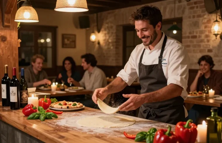 Delicious pg soft pizza dough being tossed by a skilled chef in a cozy Italian restaurant.