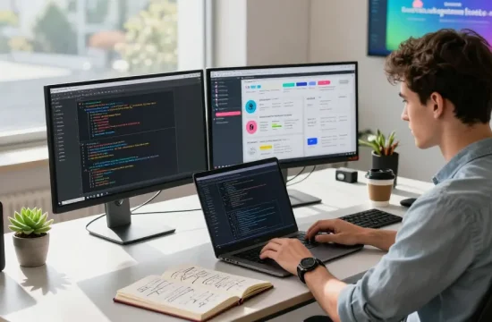 Build internal tools with AI in a modern workspace, featuring a young developer coding on dual monitors.