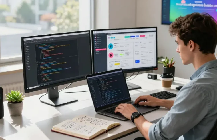 Build internal tools with AI in a modern workspace, featuring a young developer coding on dual monitors.